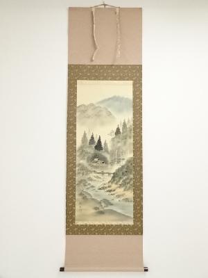 栖角筆　深山孤村　肉筆絹本掛軸（共箱）